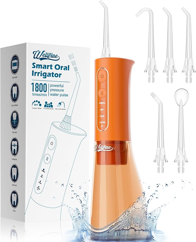 WELLFINE Water Dental Flosser Teeth Pick: Portable Cordless 4 Modes Flossers Pic 300ML Rechargeable Floss Pik Powerful IPX7 Waterproof Oral Irrigator for Cleaning Gum Care Braces for Home Travel