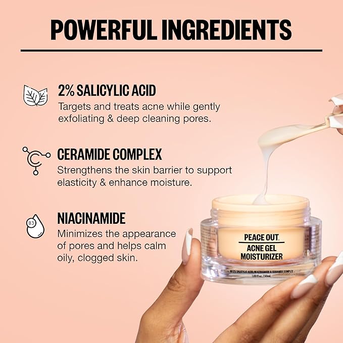 PEACE OUT Acne Gel Moisturizer for Oily Skin, Face Cream for Acne-Prone Skin with 2% Salicylic Acid, Niacinamide and Ceramides, 1.69 fl oz