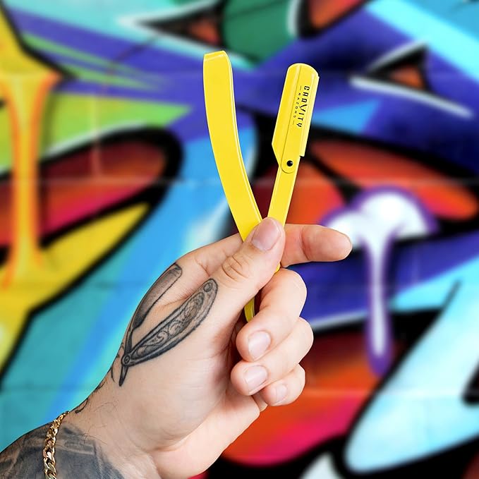 GRAVITY RAZORS Professional Straight Razor Kit – Minimal Exposure, Includes 10 Premium Blades, 0.5mm Exposed, Yellow