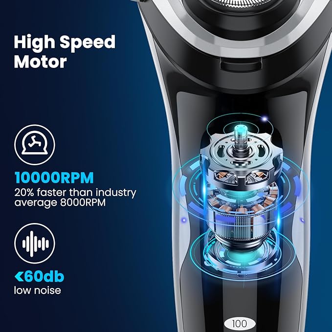 Waterproof Men’s Electric Shaver with Travel Case, Powerful & Quiet, Type C Fast Charge (60min Charge, 120min Use), Precision Trimmer (Black)