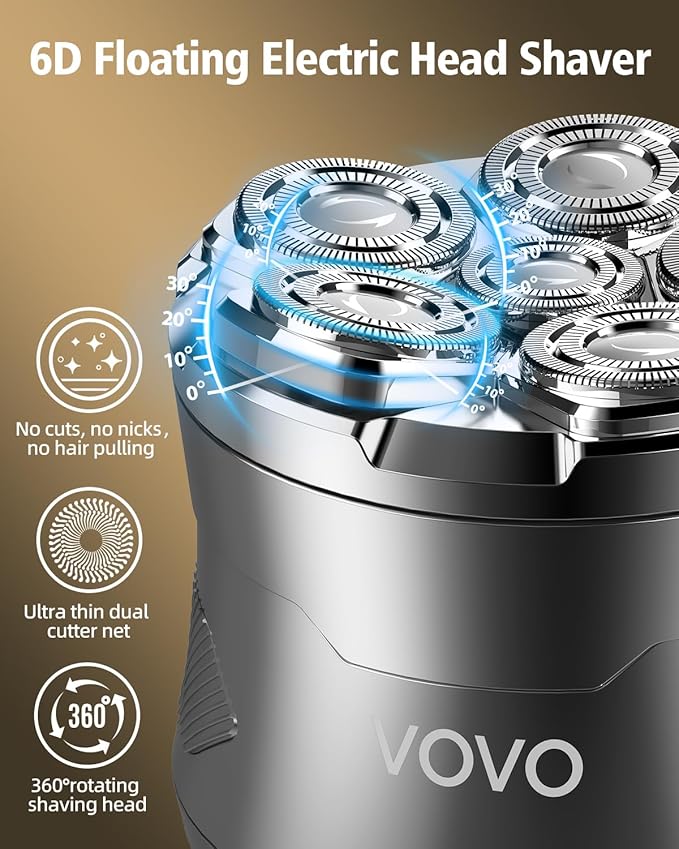 VOVO Head Shavers for Bald Men 2 Speed 6D Electric Face Head Shaver Large Capacity Cordless Type-C Rechargeable IPX7 Waterproof Bald Head Shaver Wet & Dry Use Head Razor Suitable for Home and Travel