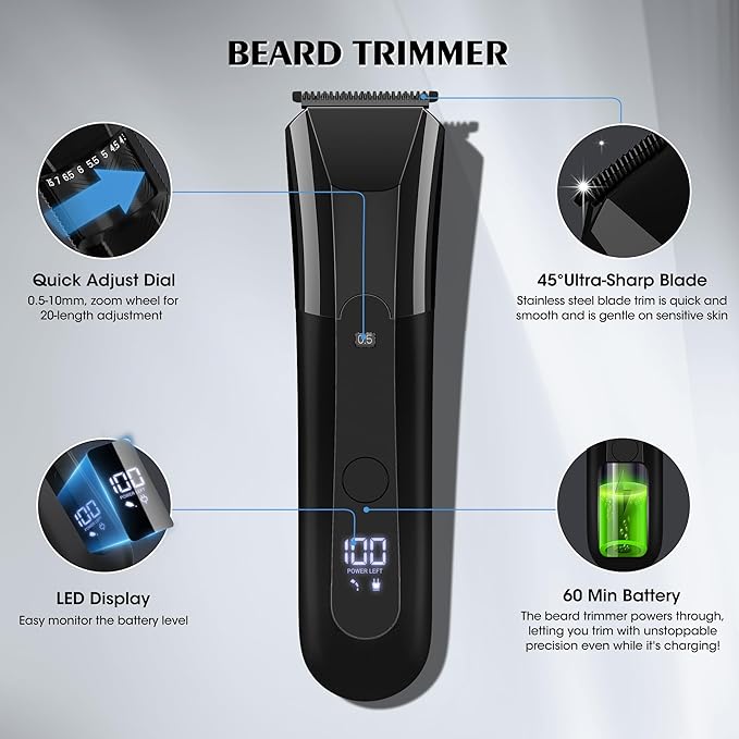 Karrte Manscape 5 in 1 Men's Grooming Kit, Beard Trimmer for Men, Groin & Body Hair Trimmer, Nose & Ear Hair Clippers, 5D Electric Razors, IPX7 Waterproof, LED Display with Travel Lock