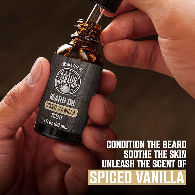 Viking Revolution Spiced Vanilla Beard Balm for Men (2oz) and Beard Oil (1 fl oz) Kit - With Argan and Jojoba Oils - Soften and Moisturize - Stocking Stuffers for Men