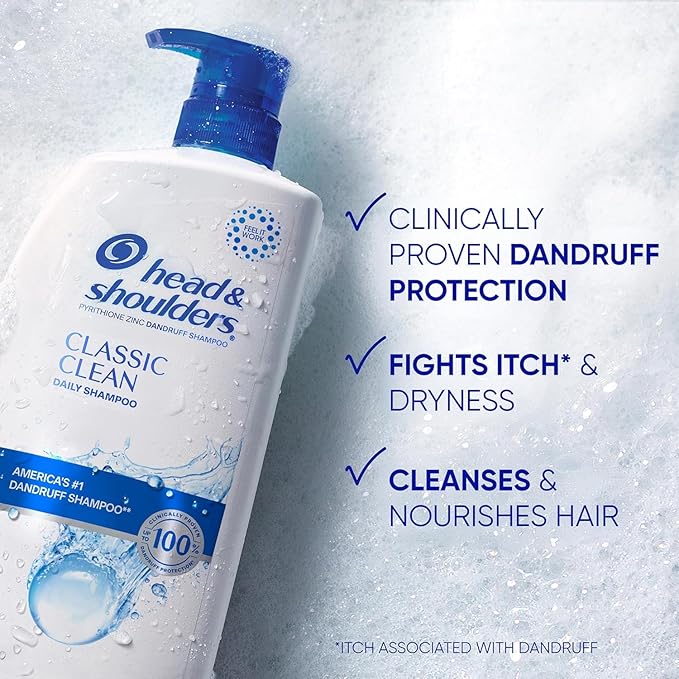 Head & Shoulders Anti-Dandruff Shampoo with 1% Pyrithione Zinc, Classic Clean, Fresh Scent, Daily Use, Moisturizing, Flake Control, Color-Safe, Safe for All Hair Types - Dry, Itchy Scalp, 28.2 Fl Oz