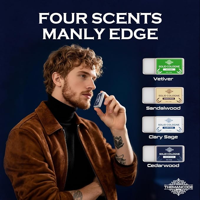 Solid Cologne for Men, Stocking Stuffers, Gifts for Men, Solid Perfume with Sandalwood, Vetiver, Cedarwood, Sage Scents, 4 Pack