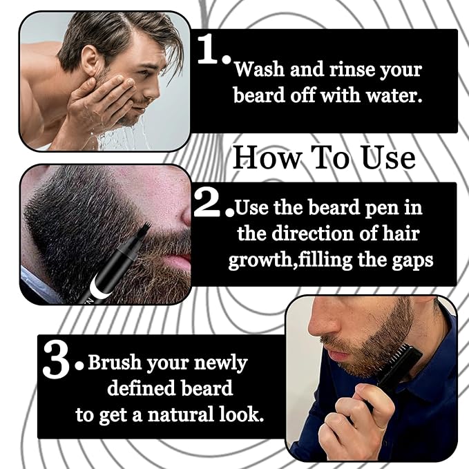 Beard Pencil Filler for Men, Waterproof High Coverage Beard Pen Kit with Beard Brush,Sweatproof Long Lasting Mustache Eyebrows Repair Pen with 4 Micro-Fork Tips（Black）