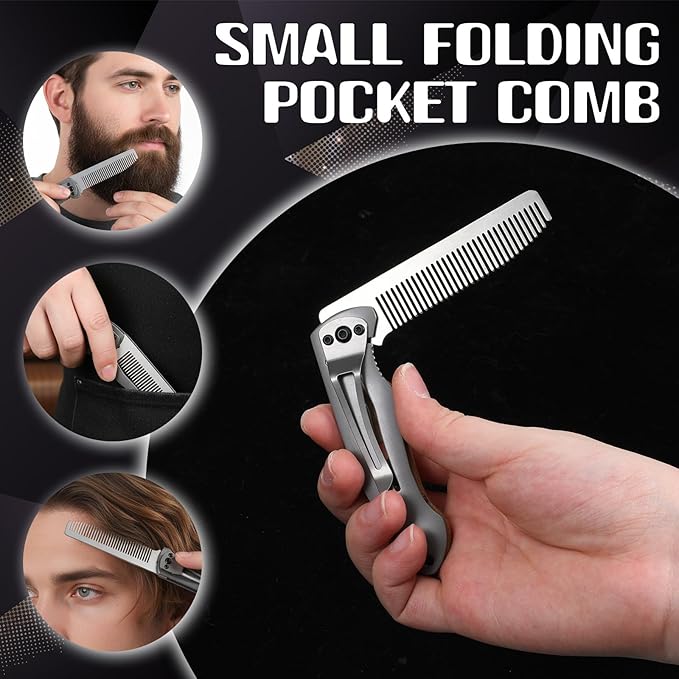 Qianyu Stainless Steel Folding Comb Small Folding Pocket Beard Metal Grooming Tool with Wooden Handle Portable Multifunction Hair Comb Mustache Combs Fits In Keychain for Men Outdoor Travel Home Use