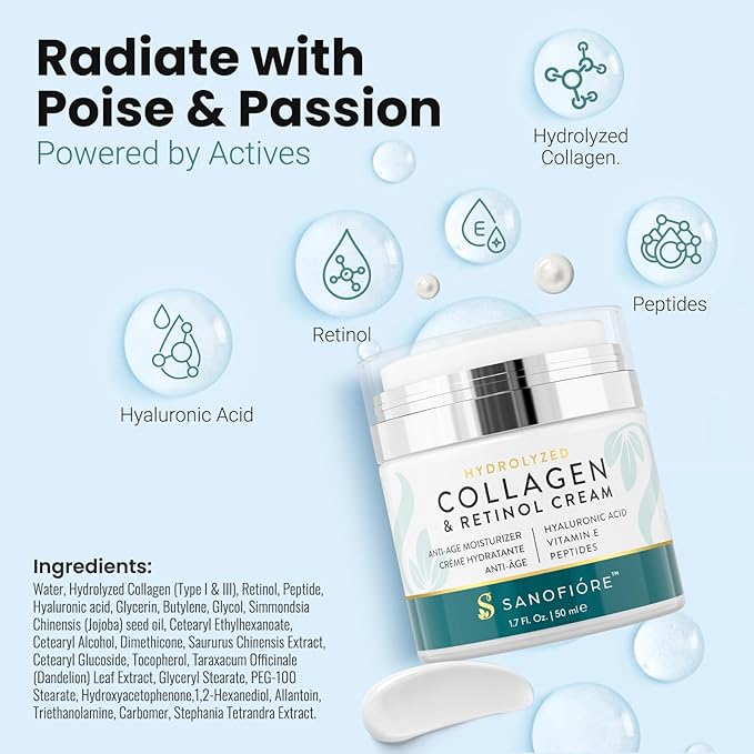Retinol Collagen Cream For Face Anti Aging Moisturizer | Type I & III Collagen for a Firm Supple Look |10,000 ppm Retinol for Smooth, Soft & Even Skin Appearance | Women & Men,1.7 fl.oz