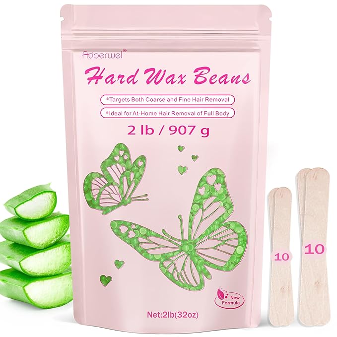 Wax Beads with Coarse Hair Formula, 2lbs Hard Wax Beads for Hair Removal and Sensitive Skin, Hard Wax Beans for Bikini, Brazilian, Legs, Underarms, Chest, Full Body Waxing(Natural Aloe)