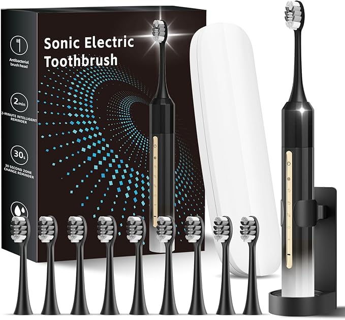 Sonic Electric Toothbrush with 10 Brush Heads for Adults and Children, Up to 90 Days on a Single Charge,5 Modes,Built-in 2-Minute Smart Timer, IPX8 Waterproof Electric Toothbrush (Black White)