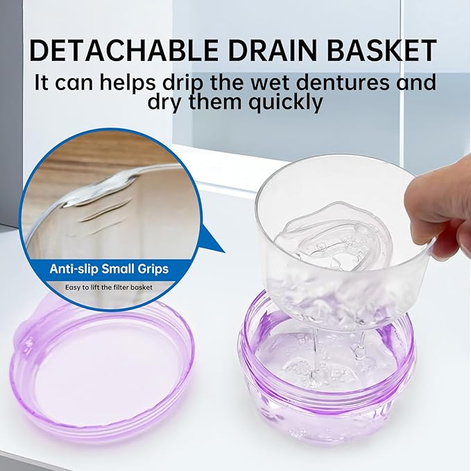 Leakproof Denture Case Purple Denture Soaking Cup with Strainer Basket, False Teeth Container Dental Denture Bath Holder Storage Box Retainer Cleaner Case for Traveling