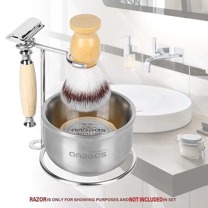 Anbbas Faux Badger Shaving Brush,Stainless Steel Shaving Razor and Brush Stand, Shaving Bowl and 100g Natural Soap Puck Refill,4in1 Wet Shave Kit for Men