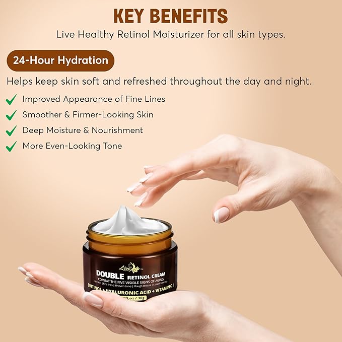 Live Healthy Retinol Cream for Face - Anti Aging, Day & Night, Face Moisturizer - Wrinkle Cream, Neck Creams for Tightening and Firming, Collagen, Hyaluronic Acid, Vitamin A - Men & Women |1.05 fl oz