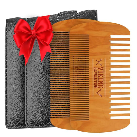Viking Revolution Wooden Beard Comb & Case, Dual Action Fine & Coarse Teeth, Perfect for use with Balms and Oils, Top Pocket Comb for Beards & Mustaches (2 Pack)