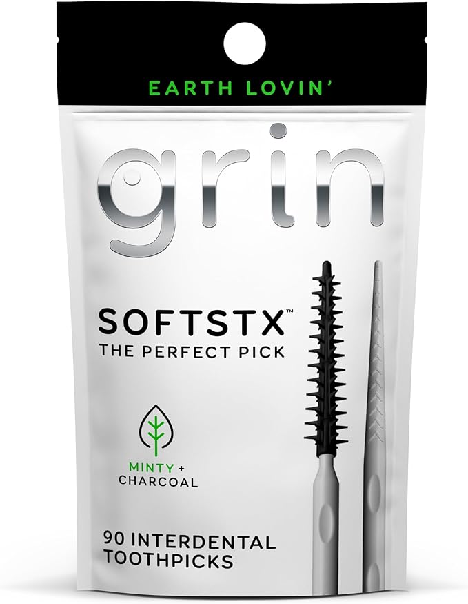 Grin Charcoal Infused Softstx, Gentle Dental Picks, 90 Count, Soft Flexible Bristles, Textured Plaque Removing Toothpick, Minty Flavor, for Between Teeth, Refillable Hygienic Case