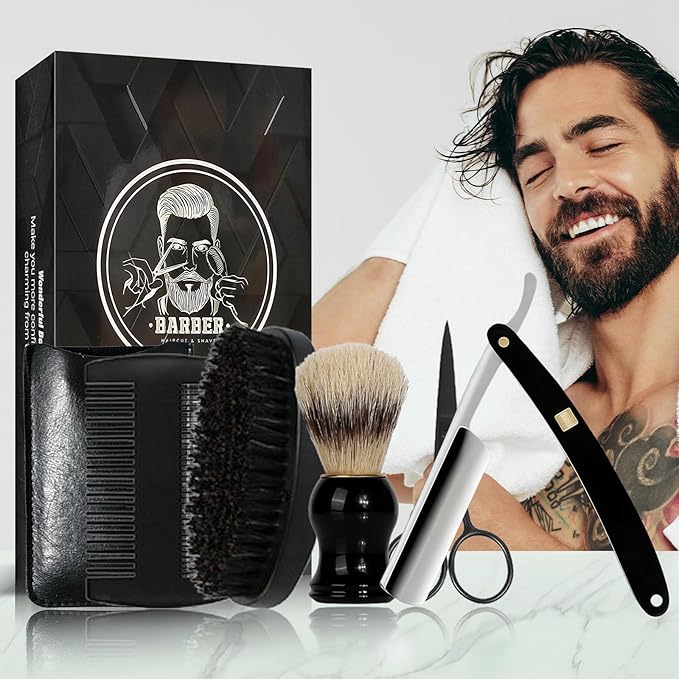 Straight Edge Razor Shaving Kit, Including Steel Shaver & Shaving Brush & Wooden Beard Comb & Brush, Beard Grooming Scissors, Idea Gift for Christmas, Birthday, Father for Men