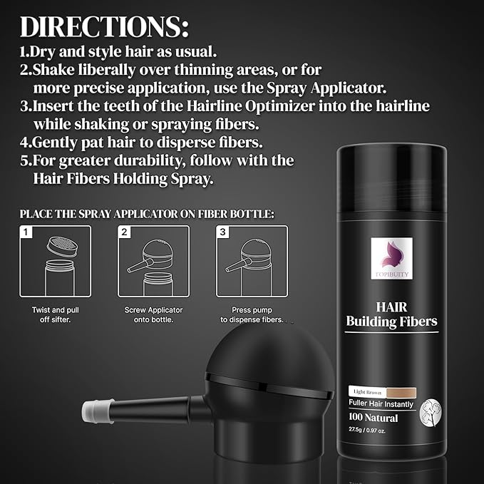 Hair Fibers & Applicator 3-in-1 Set - Natural Concealing Hair Thickening Fibers - Long-Lasting Spray with Accessory for Crisp Hairlines, Thicker Beard & Styling (light brown)