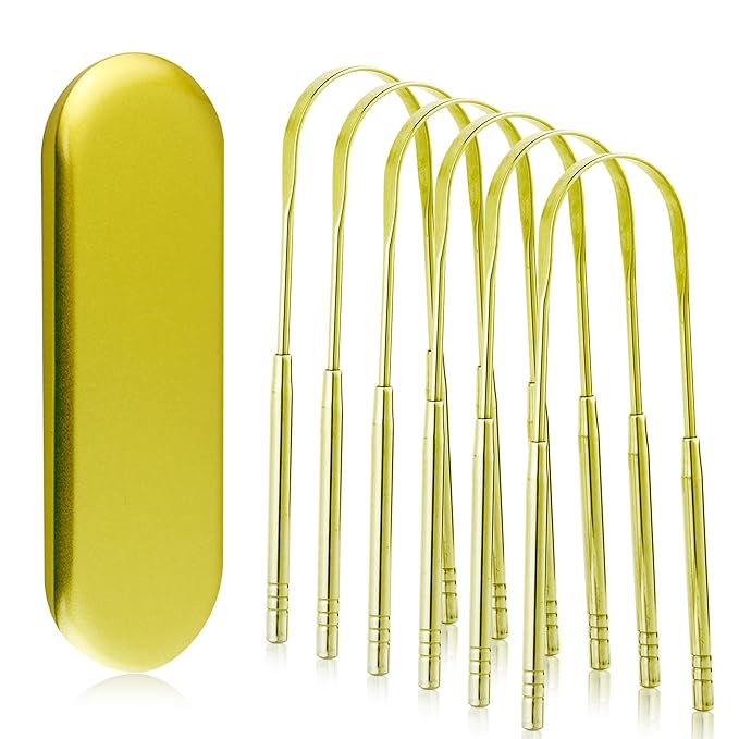 6 Pack Golden U-Shaped Tongue Scrapers - Reusable & Easy to Clean Tongue Scrubber with Travel Case for Adults & Kids - Medical-Grade 100% Stainless Steel Tongue Cleaner for Fresh Breath