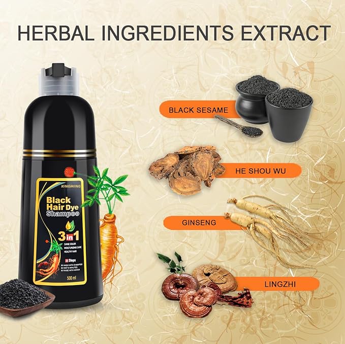 KINGMING Black Hair Dye Shampoo for Gray Coverage, 3 in 1 Herbal Instant color with 100% Cover for Women & Men (500ml)