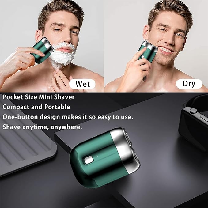 Mini Electric Shaver for Men, Pocket Dual Head Shaver Washable Waterproof, Electric Mini Portable Razor USB Rechargeable Portable Razor for Home, Car, Travel (Green)