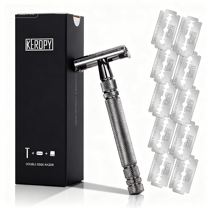 Double Edge Safety Razor for Men with 10 Blades, Butterfly Open Design for Close Shave - Eco-Friendly Metal Razor, Premium Gift for Dad, Husband - Modern Shaving Kit - Gloss Black