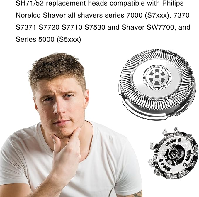 SH71/52 Replacement Head Shaver Compatible with Phillips Norelco Series 7000 and Angular-Shaped 5000 (S5xxx), SH71/52 Blades for Philips 7000 Replacement Heads for 7500 7530 S7370 S7371, 6-Pack