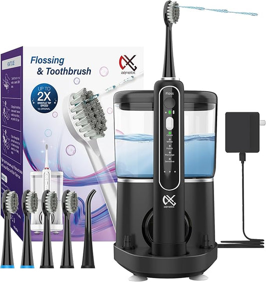 Professional Flossing Electric Toothbrush with Water Flosser, 2 in 1 Toothbrush and Water Flosser Combo, Sonic Electric Toothbrush Cordless Flossing Brush (Black)