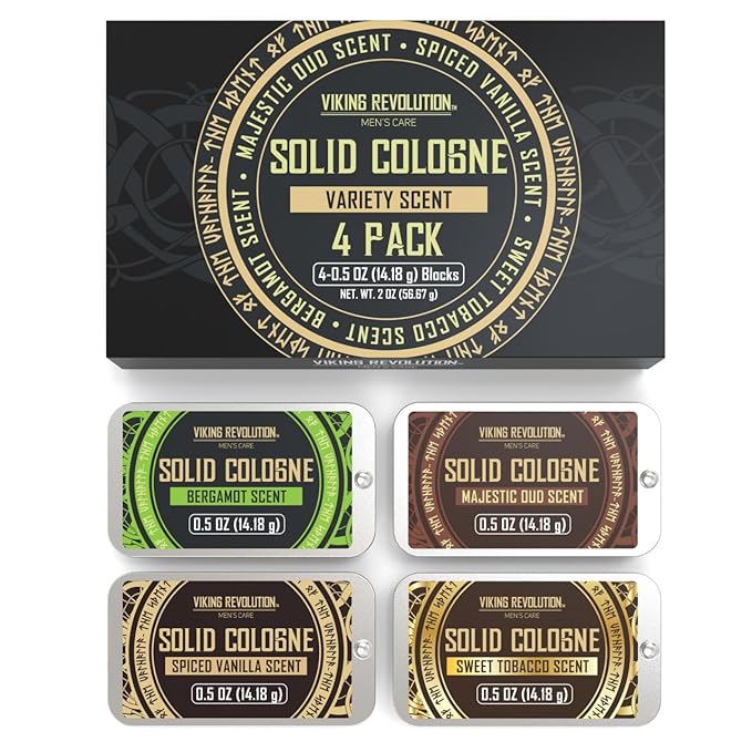 Viking Revolution 4 Pack Mens Colognes - 0.5 Oz Solid Perfume with Spiced Vanilla, Sweet Tobacco, Majestic Oud, Bergamot - Travel Wax Balm Cologne