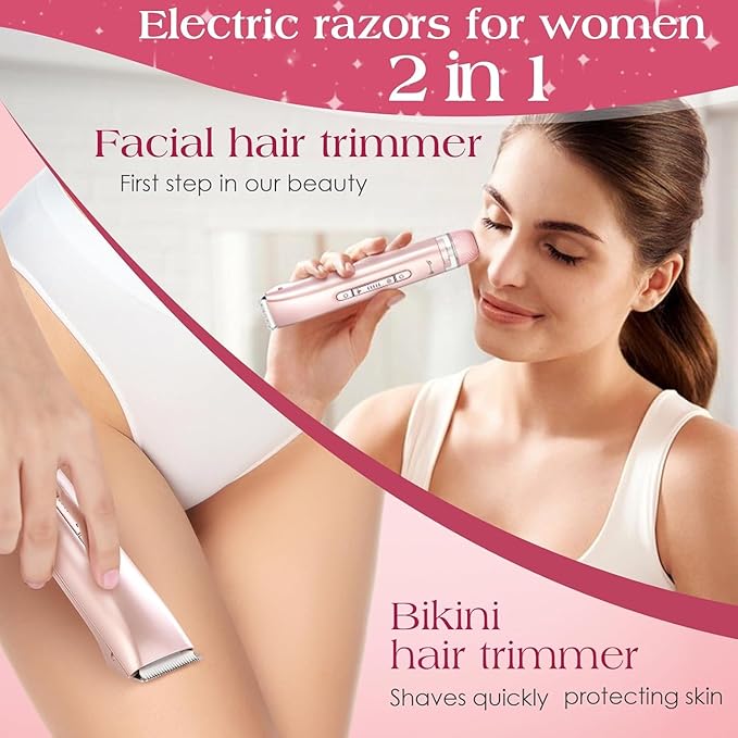 Kabowa 2 in 1 Bikini Trimmer for Women Dual Head Electric Razors IPX7 Waterproof Wet & Dry Use, Electric Shaver for Women Private Area Facial Body Underarm Leg Arm Hair Remover for Pubic Hair