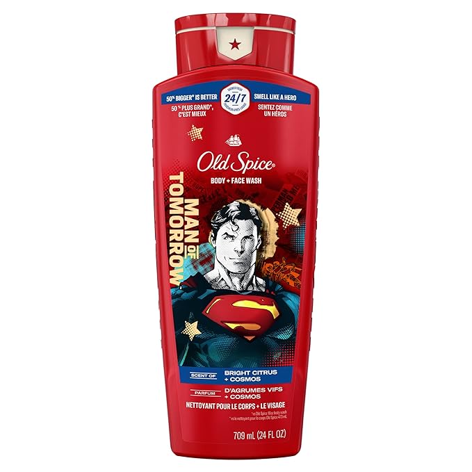 Old Spice Body Wash for Men, Superman: Man of Tomorrow, 3X Defense, 24/7 Shower Fresh with Lasting Scent, Cleansing 2-in-1 Body & Face Wash, Smell Like a Hero, Bright Citrus and Cosmos Scent, 24 oz