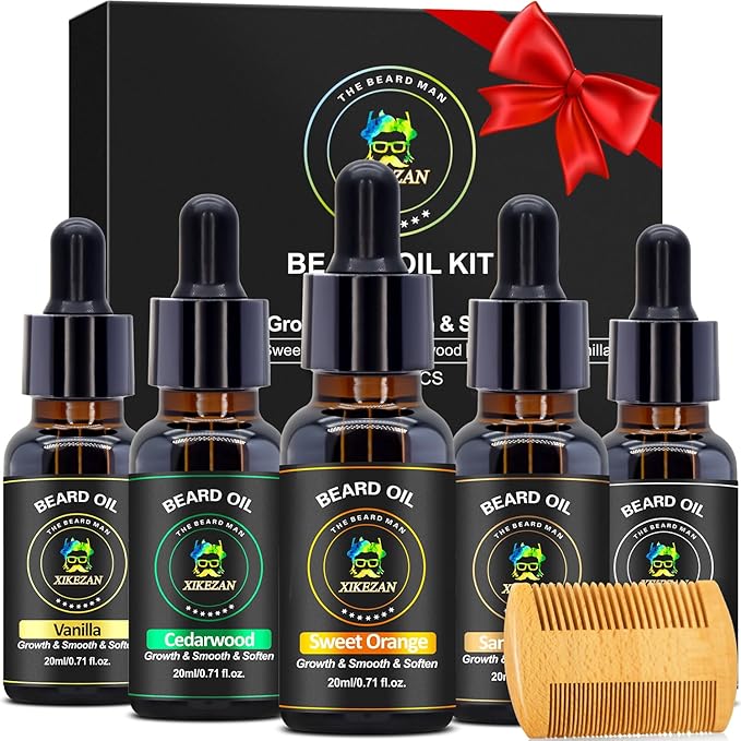 XIKEZAN 5 Pack Beard Oil Set w/Sandalwood, Orange, Vanilla, Cedarwood, Unscented for Beard Care, Moisturizing, Soften,Birthday Gifts for Men Him Dad Husband Christmas Gifts Stocking Stuffers
