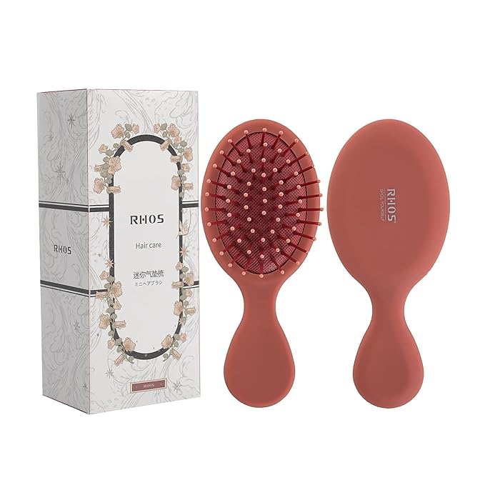 RHOS Mini Hair Brush for Women,Men and Kids-Travel Size Hair Brush for Purse,Pocket,backpack-Small Cushion Paddle Brush with Soft Bristles-Mini Detangler Brush for All Hair Types(1 Pack-Red)