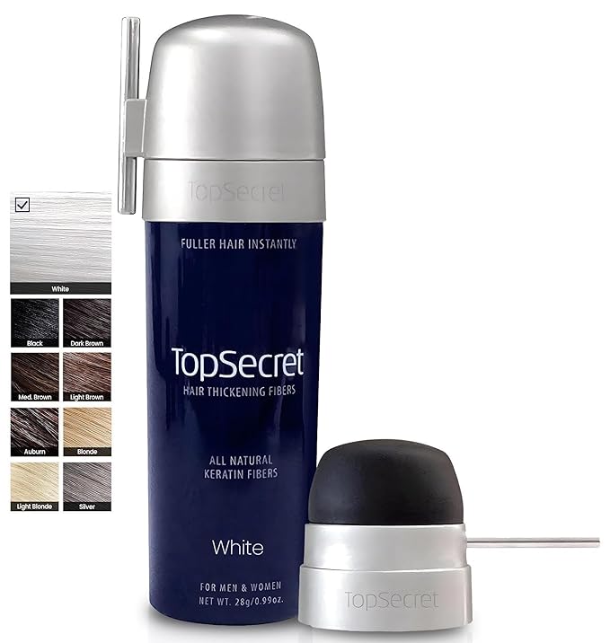 Top Secret Hair Thickening Building Fibers Applicator Included - Undetectable & Natural Hair Filler - for Men & Women - Instantly Fill In Fine Thinning Hair - Weather & Sweat Resistant (White, Large)
