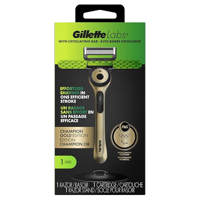 GilletteLabs with Exfoliating Bar Razor for Men, Champion Gold Edition - 1 Handle, 1 Razor Blade Refill, Includes Premium Magnetic Stand