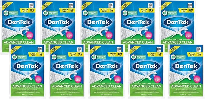 DenTek Triple Clean Advanced Clean Floss Picks, No Break & No Shred Floss, 150 Count (Pack of 10)