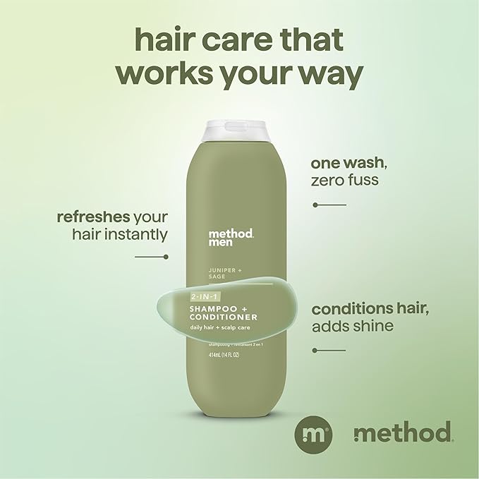 Method Men 2-in-1 Shampoo and Conditioner, Juniper + Sage - Cleans and Conditions in One Step with a Herbaceous Scent - Sulfate free, Paraben free, and Silicone Free - 14 Fl Oz, Pack of 1
