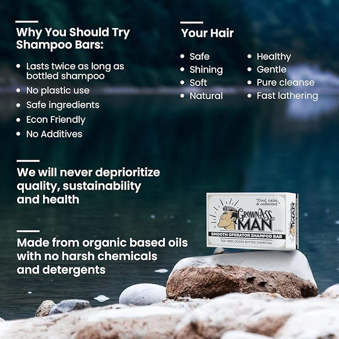Grown Ass Man Co. - Solid Shampoo Bar Rich Lather 3 in 1: Hair, Beard & Body Wash - Plastic Free & Eco-Friendly, Natural & Organic Clean for All Hair Types, 4oz Bar (Smooth Operator, Single)