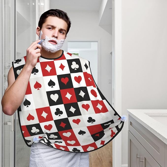 Beard Hair Catcher for Men, Waterproof Shaving Bib Apron Non-Stick, Trimming Tool for Dad Husband, Suits Hearts Diamonds Clubs Spades Grid Poker Playing Cards Shave Bib