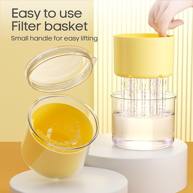 Denture Bath Cup with Cleaning Brush, Large Soaking Container with Strainer Basket for False Teeth & Night Guard, Oral Care Storage Holder for Home Use, Yellow