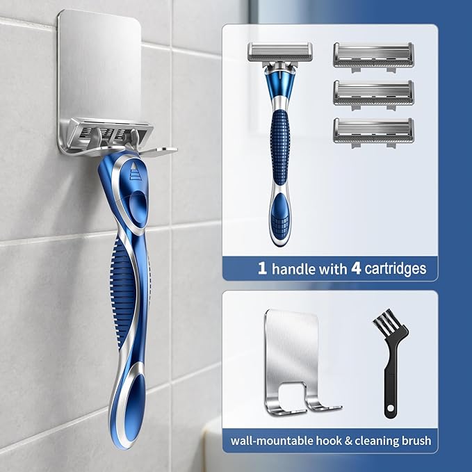 6-Blade Manual Razor for Men with Lubricating Strip, 1 Ergonomic Non-Slip Handle Includes 4pack Razor Blade Refill Cartridges, with Hanging Hook & Cleaning Brush, Full Washable Design