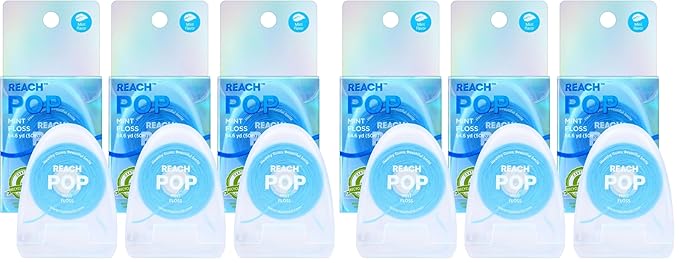 REACH POP Dental Floss, Mint, Plaque Remover for Teeth, Shred Resistant, Vegan Wax, Cruelty Free, Eco Friendly Packaging, Oral Care, PFAS Free, for Adults & Kids, 6 Pack, 54.6 yd