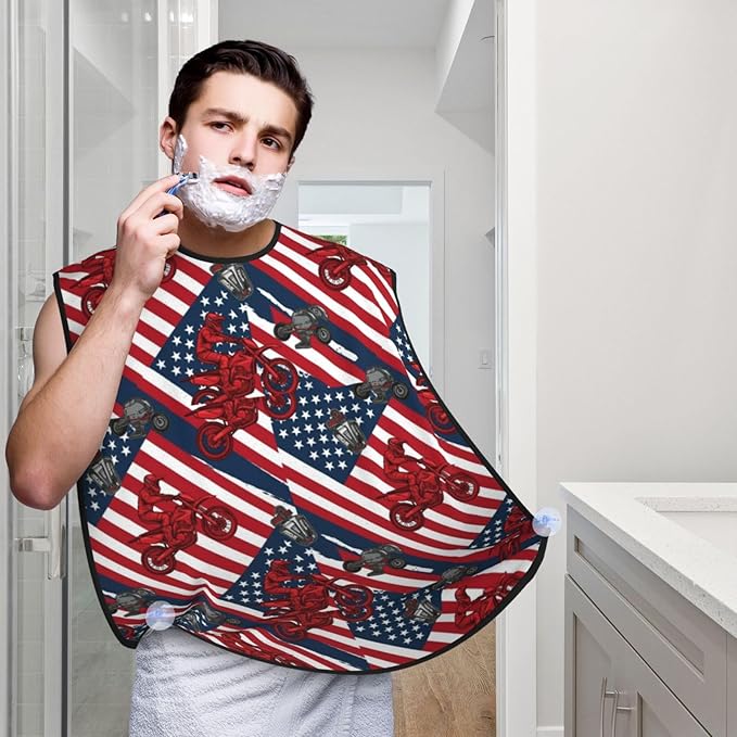 Beard Trimming Catcher Apron, Waterproof Non-Stick Grooming Bib for Shaving, Ideal for Men Dad Father’s Day, Motorcycle American Flag Motocross Dirt Bike Shave Bib
