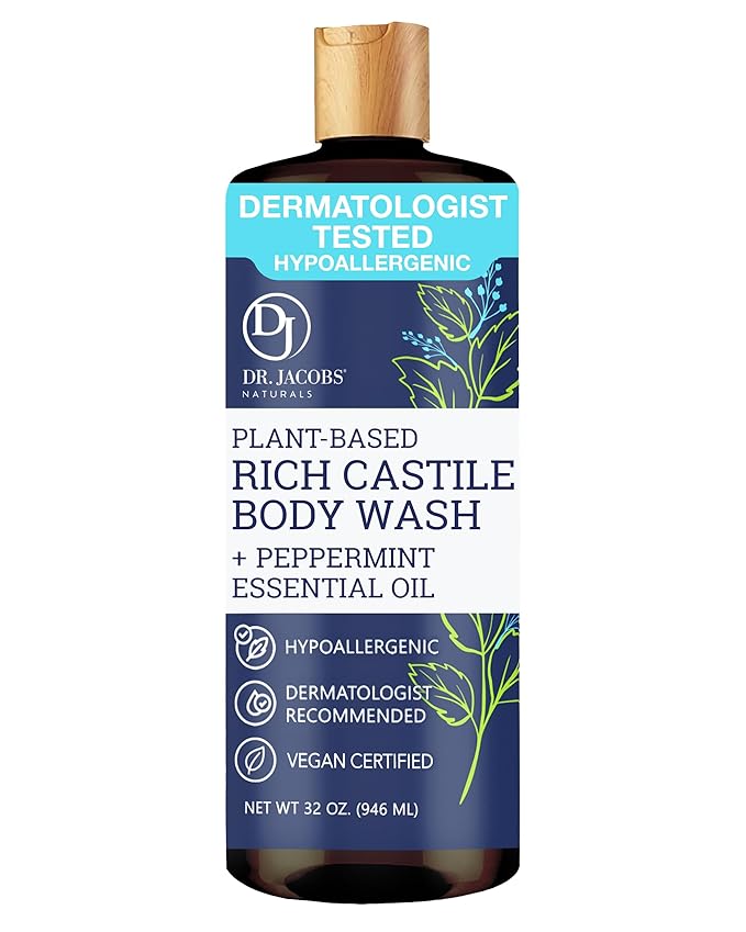 Dr. Jacobs Naturals Pure Castile Soap Liquid Body Wash, Peppermint - Plant Based Soap Infused with Vitamin E and Aloe Vera to Moisturize Dry and Sensitive Skin - Made in The USA - 32 oz, Pack of 1