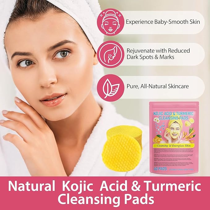Turmeric Kojic Acid Cleansing Pads, 80 Counts Turmeric Face Scrub Pads, Enriched with Vitamin B5 & C, Daily Skin Care for Men & Women Face Cleansing and Exfoliation