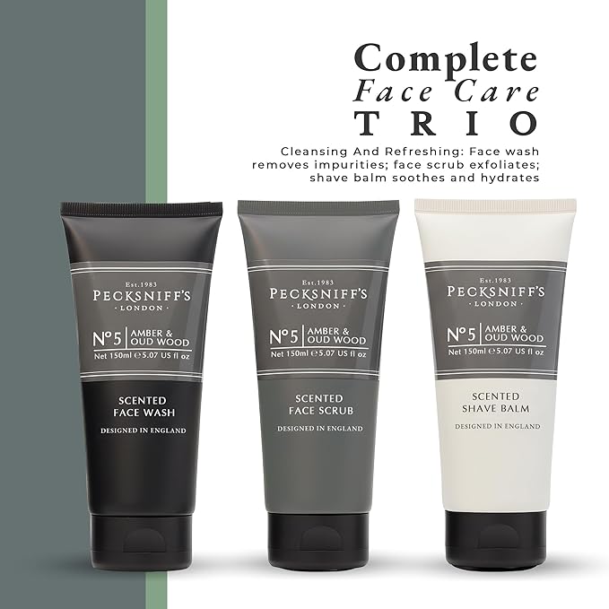 Pecksniff’s Men’s Trio Collection – Amber & Oud Wood – Face Wash, Scrub & Shave Balm Gift Set, 3 x 75ml