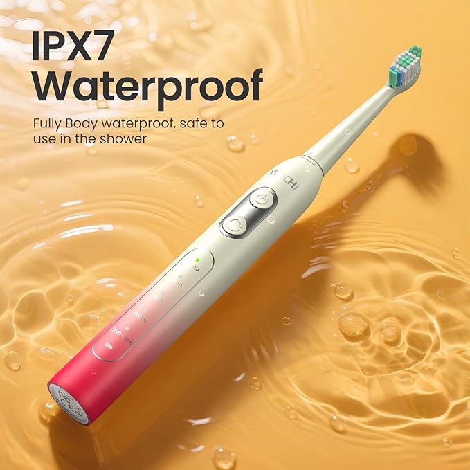 YUNCHI Sonic Electric Toothbrush, Electric Toothbrush for Adults and Kids, Rechargeable Battery Toothbrushes, 4 Brush Heads, 2 Min Timer, IPX7 Waterproof, 5 Modes, Red Yellow Gradient