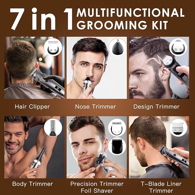 Hatteker Beard Trimmer for Men, Waterproof Hair Trimmer Electric Razor, Cordless Hair Clippers Shavers for Men, Shaving Kit for Nose Mustache Body Facial, Beard Grooming Kit 7 in 1