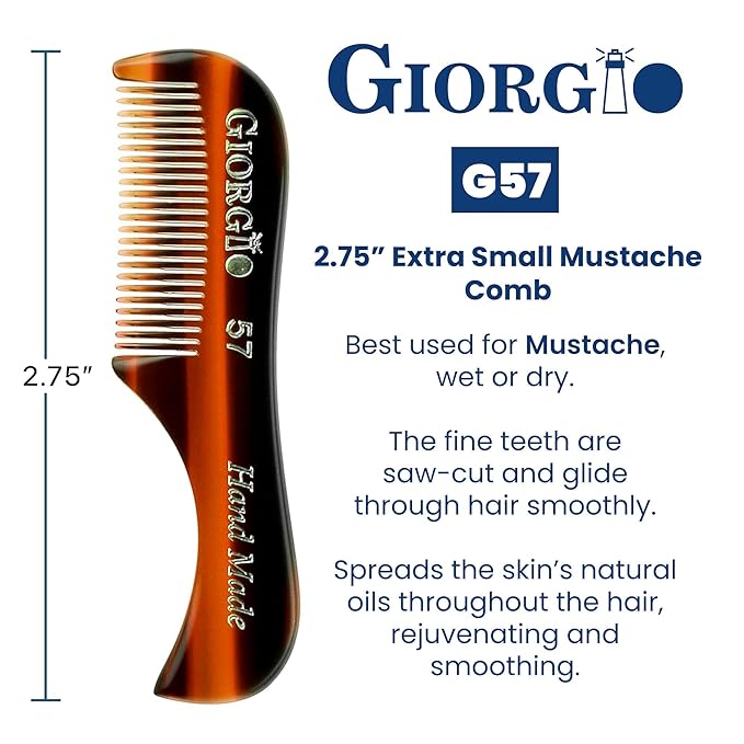 Giorgio G57 Extra Small 2.75 Inch Men's Fine Toothed Beard and Mustache Comb for Facial Hair Grooming and Styling. Wallet Pocket Comb Handmade of Quality Durable Cellulose, Saw-Cut and Hand Polished