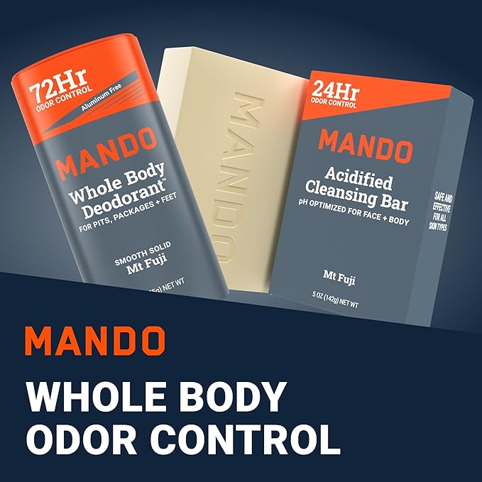 Mando Whole Body Deodorant Two Piece System - 2.6 oz Smooth Solid Stick & 5.0 oz 4 in 1 Acidified Cleansing Bar - Aluminum & Baking Soda Free Odor Control - Doctor Developed - 2 pc Bundle (Mt Fuji)