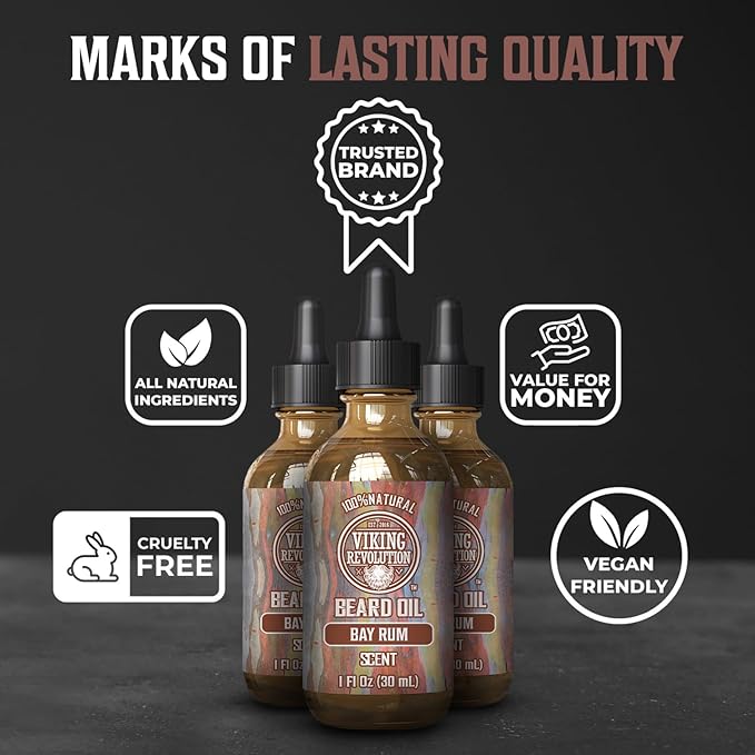 Viking Revolution Bay Rum Beard Oil for Men - Natural Argan and Jojoba Oil Blend for Softening, Strengthening, and Moisturizing Beards (3 Pack)